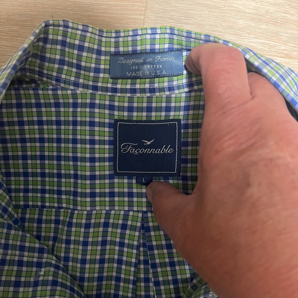 Faconnable Mens Large Green Blue Plaid Short Sleeve Button Down Shirt USA Made - Picture 9 of 10